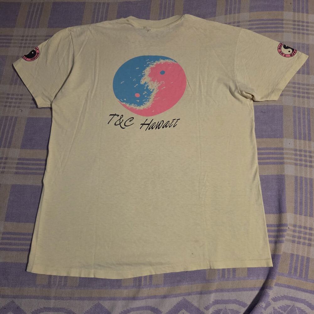 Vintage 80s T&C Surf Designs Hawaii Yellow Yin Yang Wave T Shirt Mens Size XL